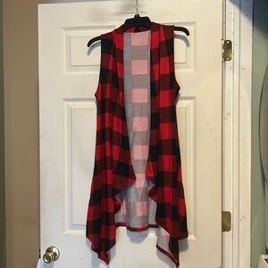 Buffalo Plaid Sleeveless Open Front Cardigan Size Small Red Black